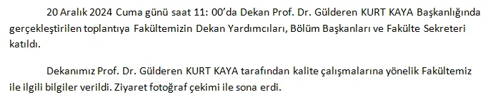 Fakültemiz Akademik Birim Kalite Komisyon Toplantısı yapıldı