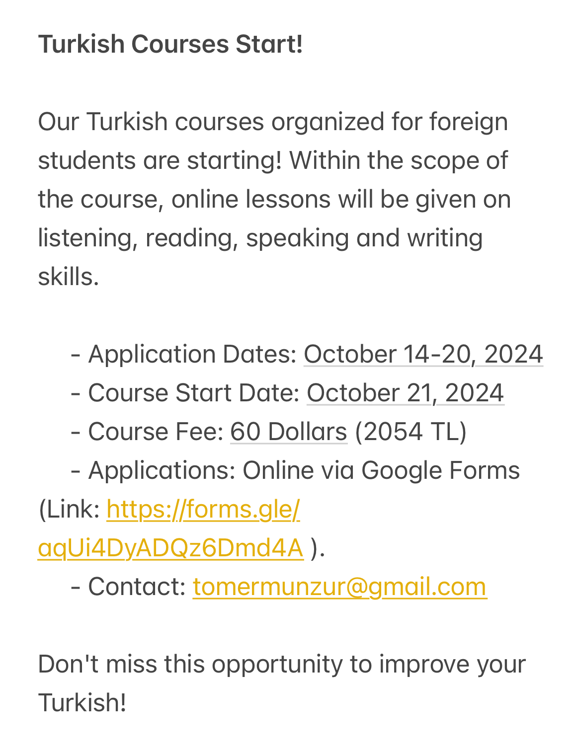 Türkçe Kursları Başlıyor!