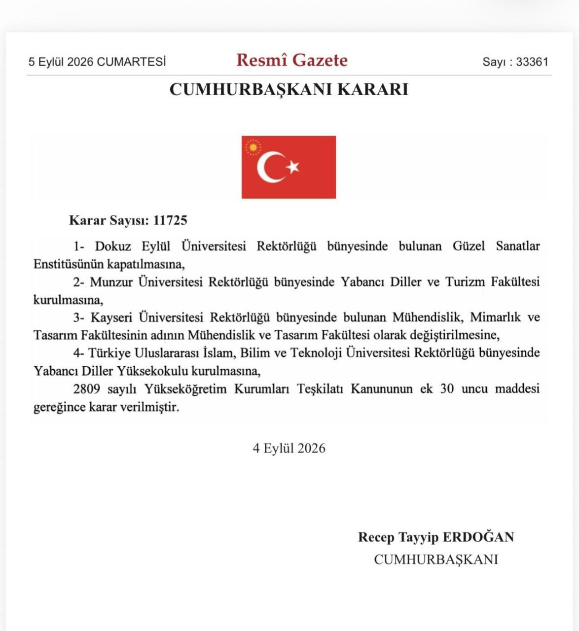 Cumhurbaşkanımız Sayın Recep Tayyip ERDOĞAN'ın Munzur Üniversitesi Hakkındaki Önemli Kararı Resmi Gazetede Yayımlandı