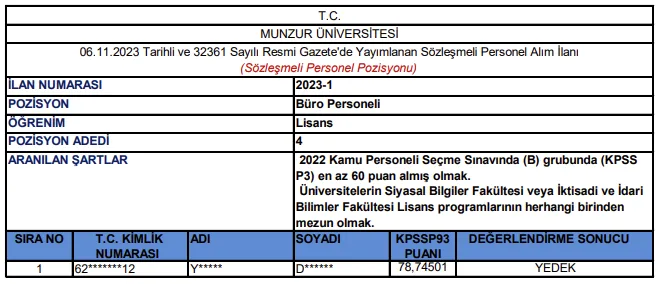 Munzur Üniversitesi 06.11.2023 Tarihli Sözleşmeli Personel Alım İlanı Sonucu Yedek Adaylardan İstenilen Başvuru Evrakları