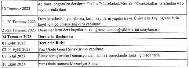 2023 Eğitim-Öğretim Yılı Üniversitemiz Yaz Okulu Akademik Takvimi ve Gerekli Belgeler